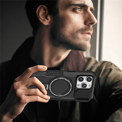 Kickstand PC+TPU Case for iPhone 15 Pro Max Compatible with MagSafe Sliding Lens Cover Protective Phone Shell