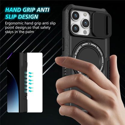 Kickstand PC+TPU Case for iPhone 15 Pro Max Compatible with MagSafe Sliding Lens Cover Protective Phone Shell
