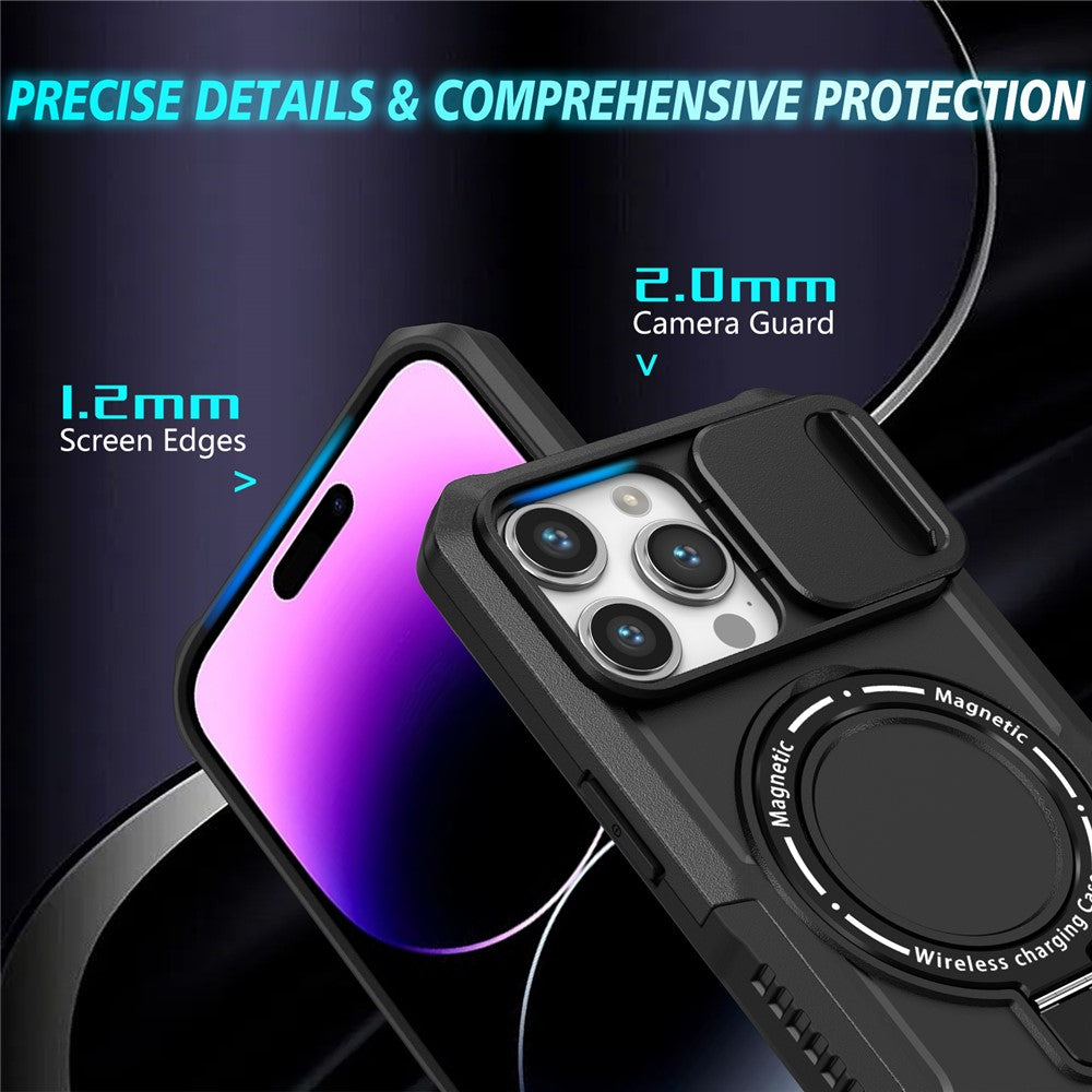 Kickstand PC+TPU Case for iPhone 15 Pro Max Compatible with MagSafe Sliding Lens Cover Protective Phone Shell