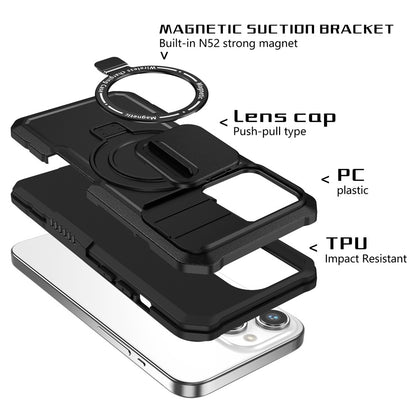 Kickstand PC+TPU Case for iPhone 15 Pro Max Compatible with MagSafe Sliding Lens Cover Protective Phone Shell
