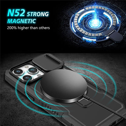 Kickstand PC+TPU Case for iPhone 15 Pro Max Compatible with MagSafe Sliding Lens Cover Protective Phone Shell