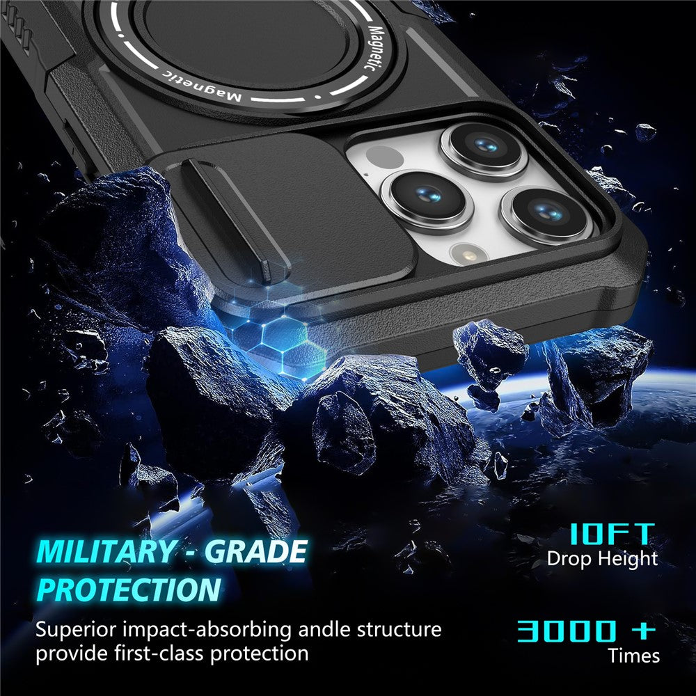 Kickstand PC+TPU Case for iPhone 15 Pro Max Compatible with MagSafe Sliding Lens Cover Protective Phone Shell