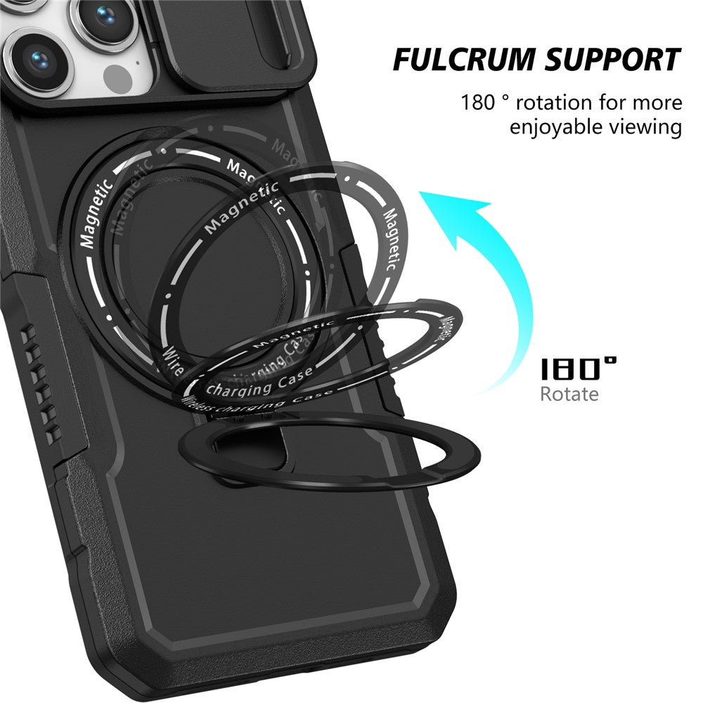 Kickstand PC+TPU Case for iPhone 15 Pro Max Compatible with MagSafe Sliding Lens Cover Protective Phone Shell