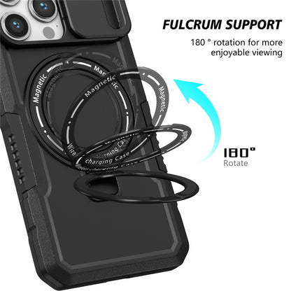 Kickstand PC+TPU Case for iPhone 15 Pro Max Compatible with MagSafe Sliding Lens Cover Protective Phone Shell