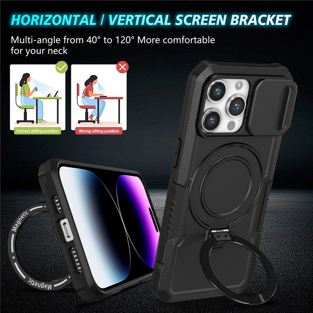 Kickstand PC+TPU Case for iPhone 15 Pro Max Compatible with MagSafe Sliding Lens Cover Protective Phone Shell