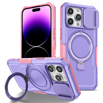 Kickstand PC+TPU Case for iPhone 15 Pro Max Compatible with MagSafe Sliding Lens Cover Protective Phone Shell