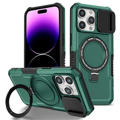 Kickstand PC+TPU Case for iPhone 15 Pro Max Compatible with MagSafe Sliding Lens Cover Protective Phone Shell