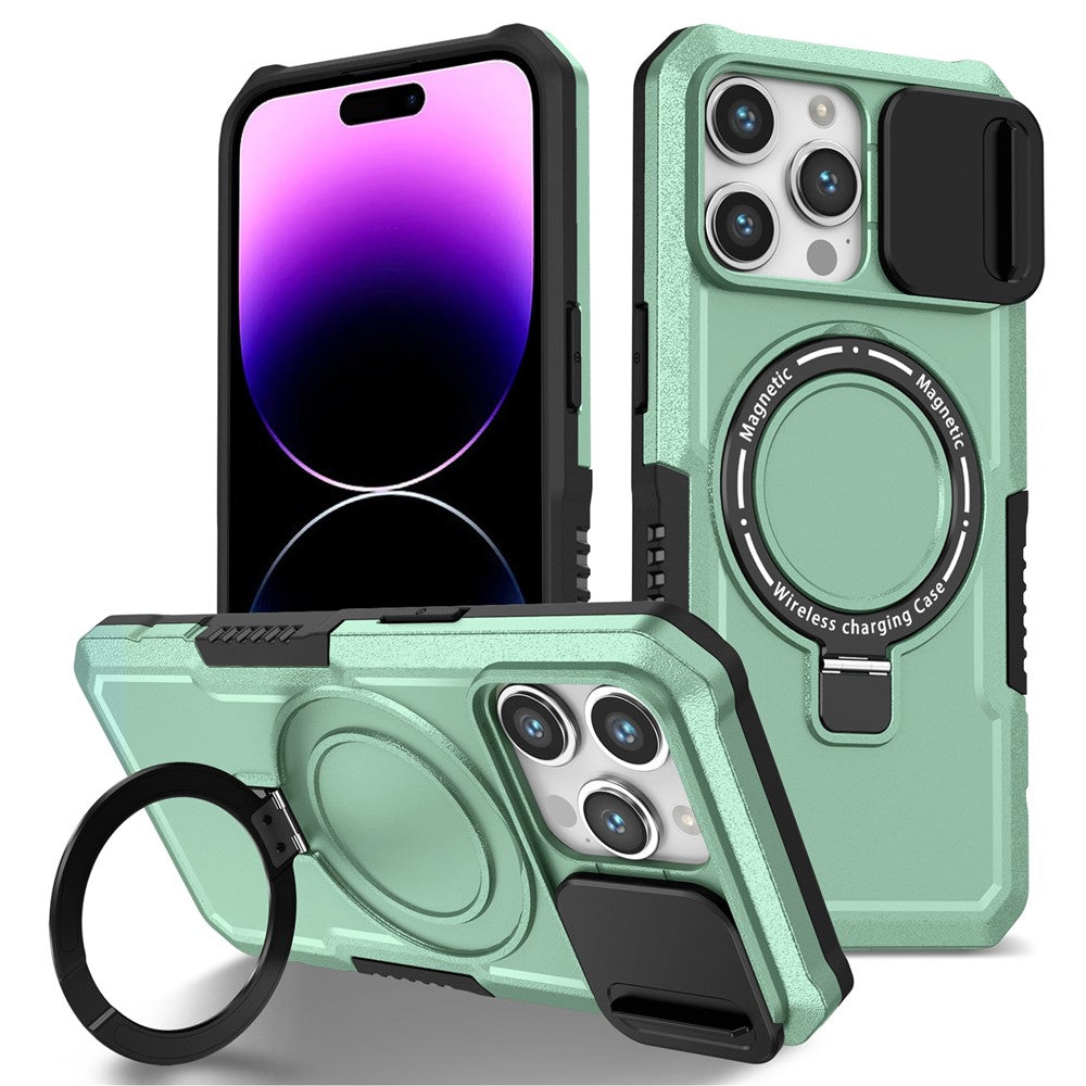 Kickstand PC+TPU Case for iPhone 15 Pro Max Compatible with MagSafe Sliding Lens Cover Protective Phone Shell