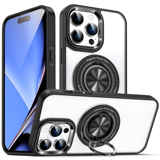 For iPhone 15 Pro Max PC + TPU + Acrylic Phone Case Ring Kickstand Transparent Cover Compatible with MagSafe