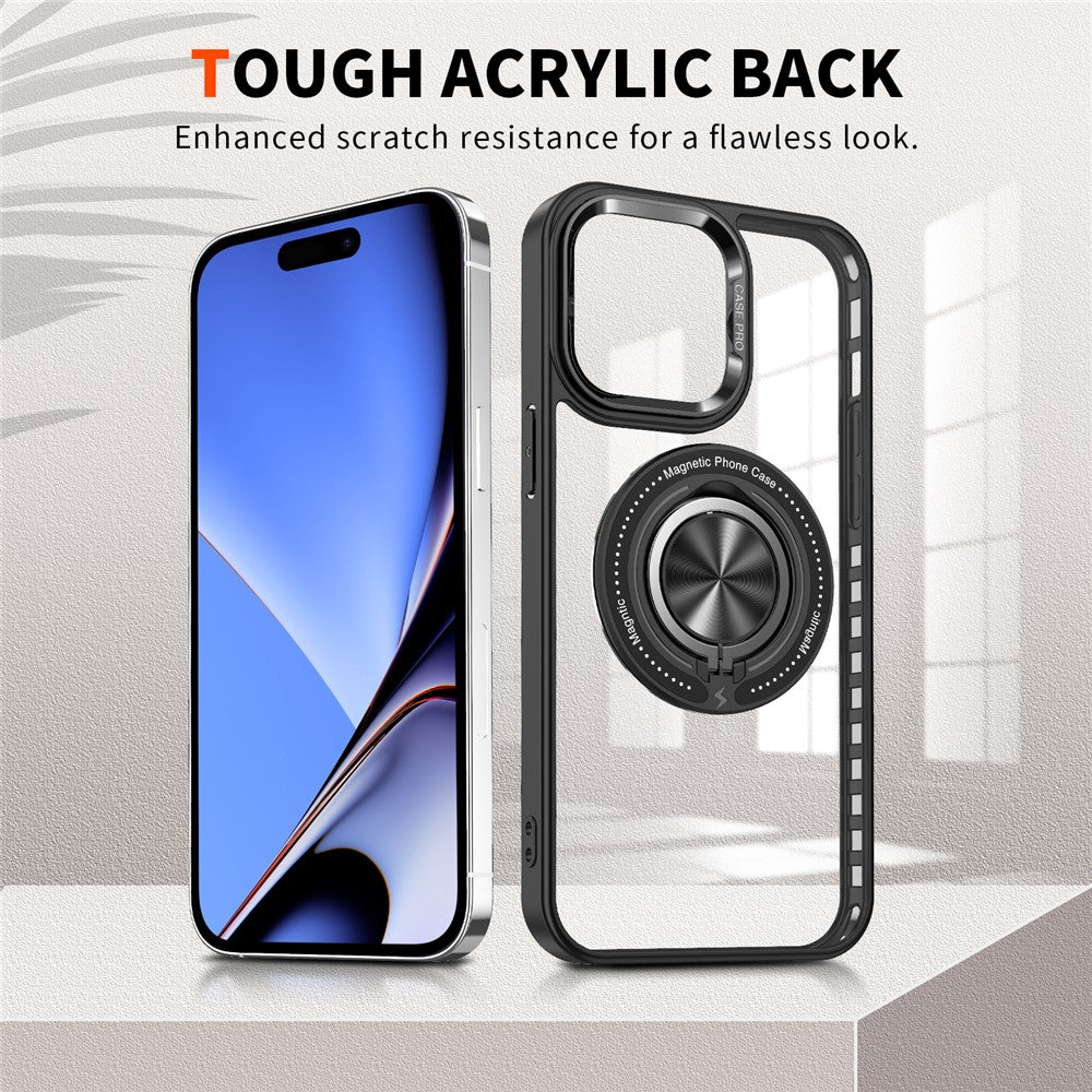 For iPhone 15 Pro Max PC + TPU + Acrylic Phone Case Ring Kickstand Transparent Cover Compatible with MagSafe