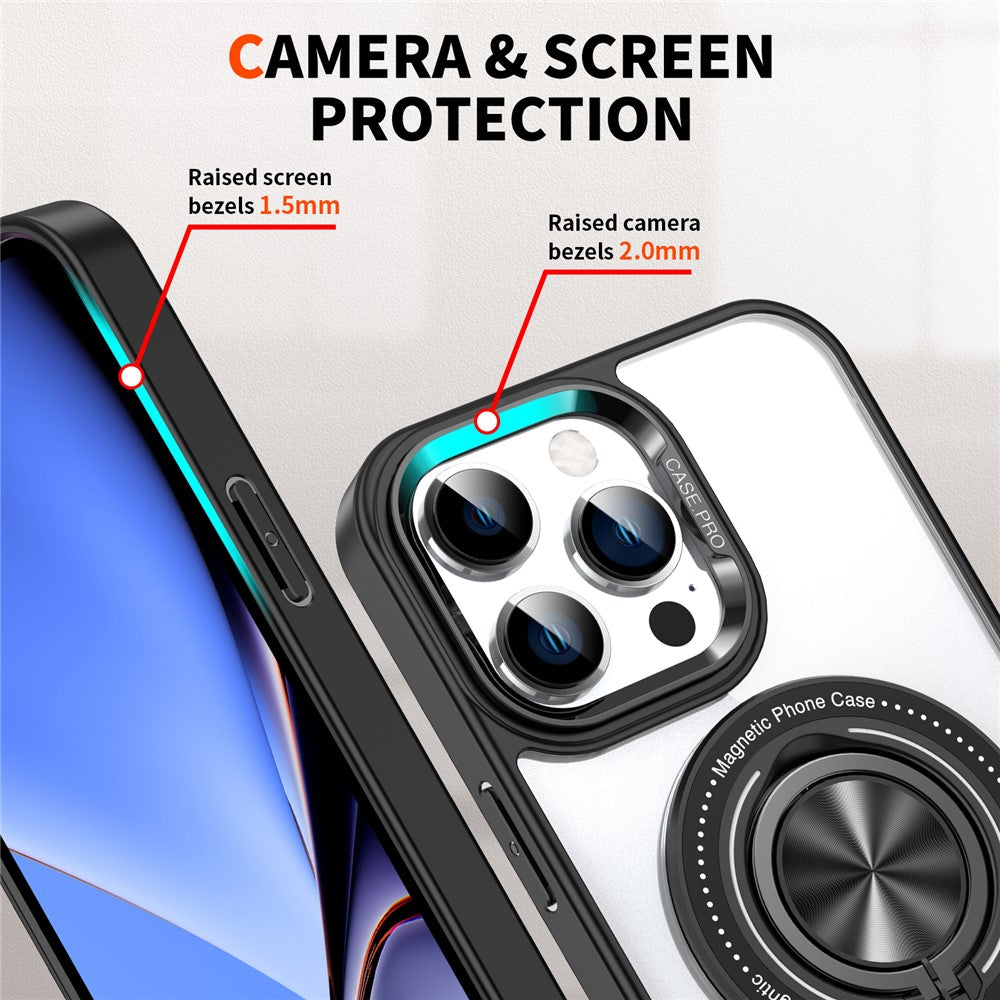 For iPhone 15 Pro Max PC + TPU + Acrylic Phone Case Ring Kickstand Transparent Cover Compatible with MagSafe