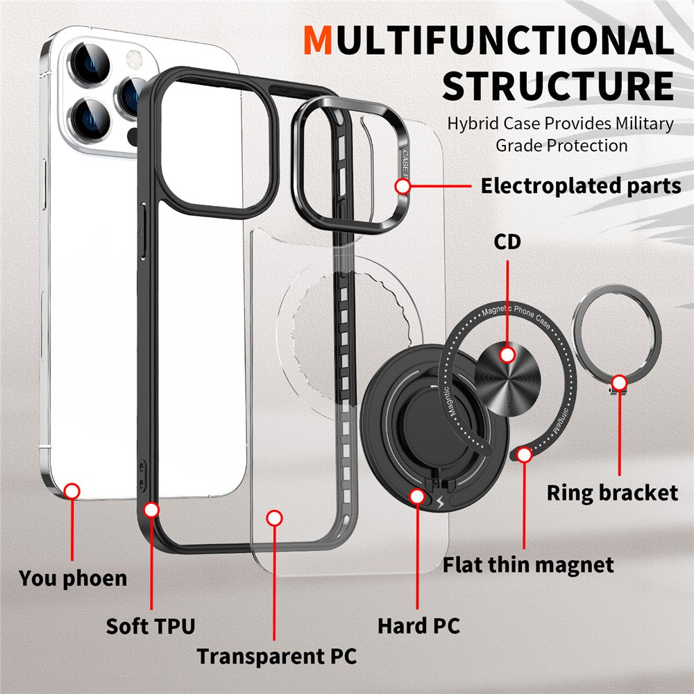 For iPhone 15 Pro Max PC + TPU + Acrylic Phone Case Ring Kickstand Transparent Cover Compatible with MagSafe