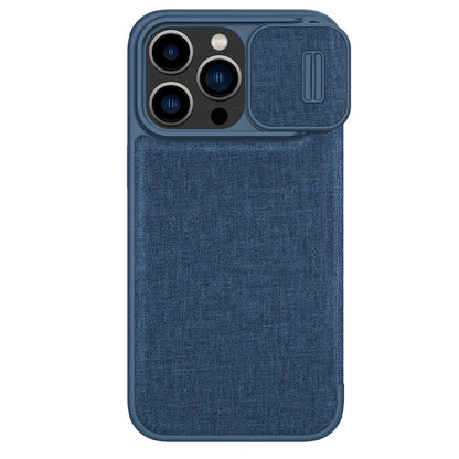 NILLKIN Qin Pro Series for iPhone 15 Pro Shockproof Case Sliding Lens Cover PU Leather Phone Shell with Card Holder