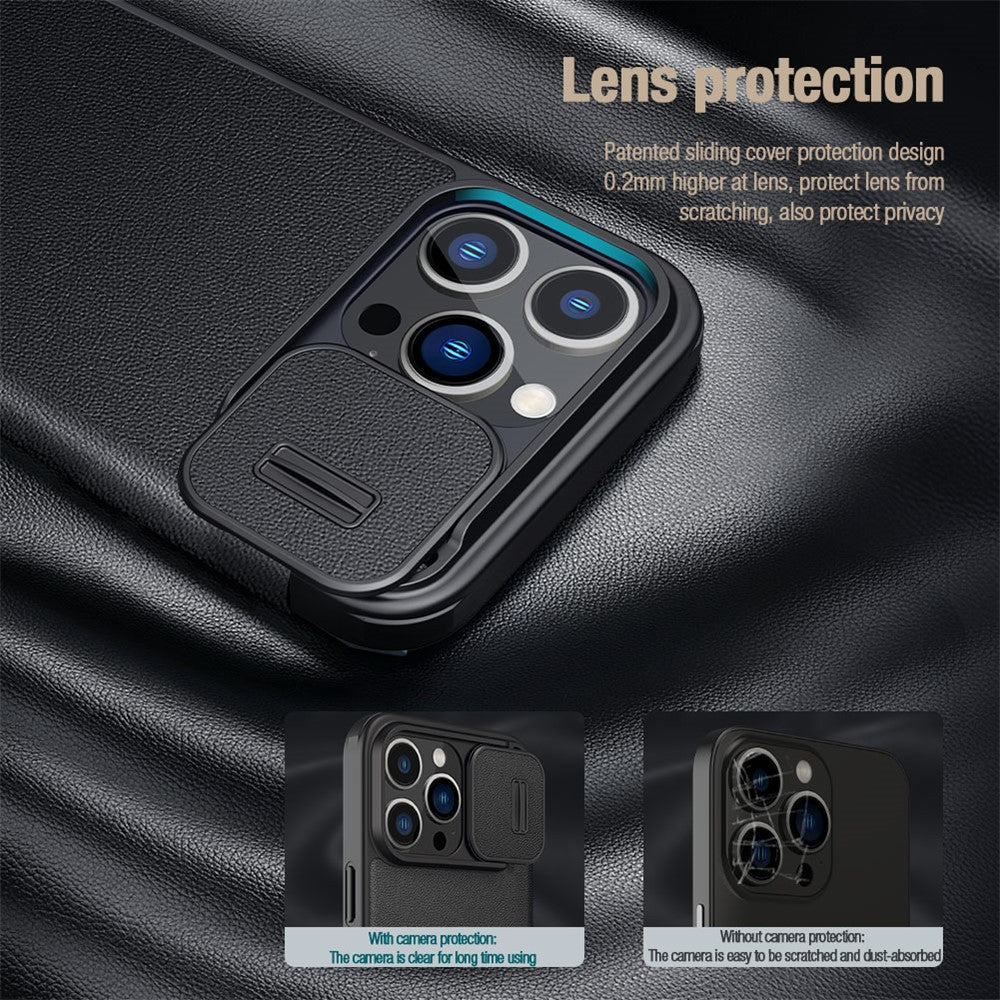 NILLKIN Qin Pro Series for iPhone 15 Pro Shockproof Case Sliding Lens Cover PU Leather Phone Shell with Card Holder
