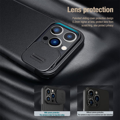 NILLKIN Qin Pro Series for iPhone 15 Pro Shockproof Case Sliding Lens Cover PU Leather Phone Shell with Card Holder