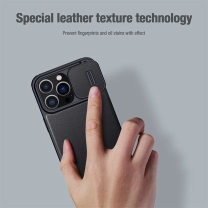 NILLKIN Qin Pro Series for iPhone 15 Pro Shockproof Case Sliding Lens Cover PU Leather Phone Shell with Card Holder