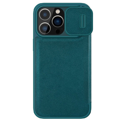 NILLKIN Qin Pro Series for iPhone 15 Pro Shockproof Case Sliding Lens Cover PU Leather Phone Shell with Card Holder