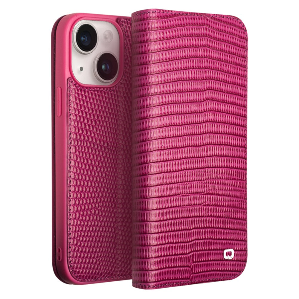 QIALINO For iPhone 15 Plus Crocodile Texture Phone Case Genuine Cow Leather Wallet Stand Cover