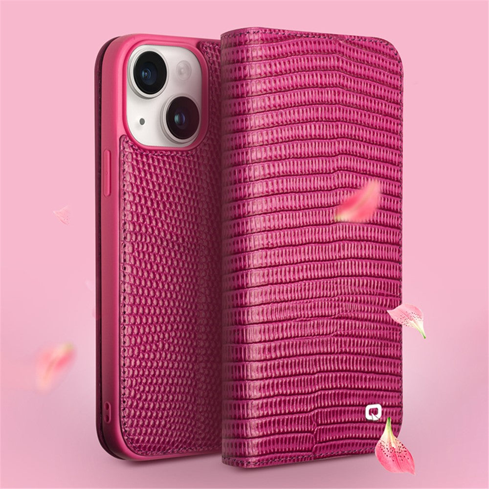 QIALINO For iPhone 15 Plus Crocodile Texture Phone Case Genuine Cow Leather Wallet Stand Cover