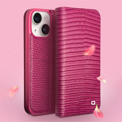 QIALINO For iPhone 15 Plus Crocodile Texture Phone Case Genuine Cow Leather Wallet Stand Cover