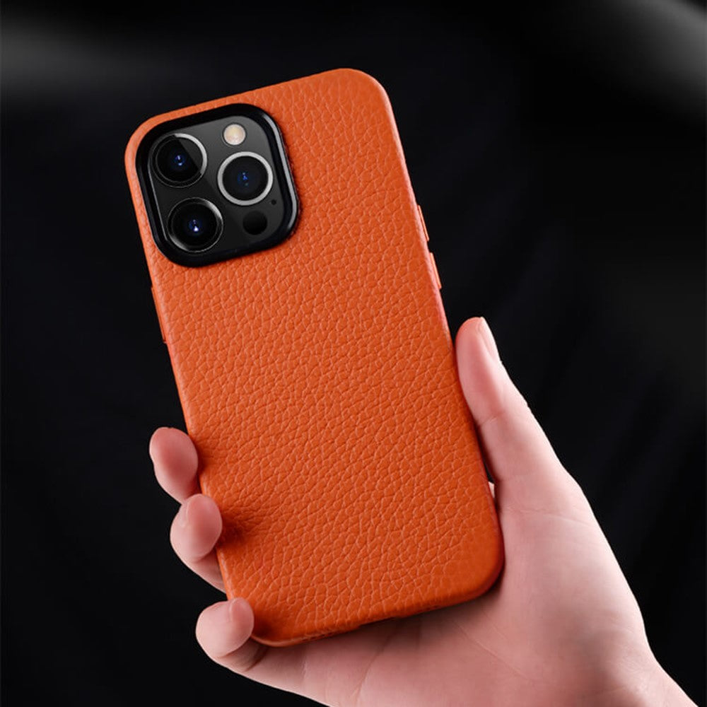 MELKCO For iPhone 15 Pro Max Case Anti-scratch Genuine Cow Leather+PC Magnetic Phone Cover