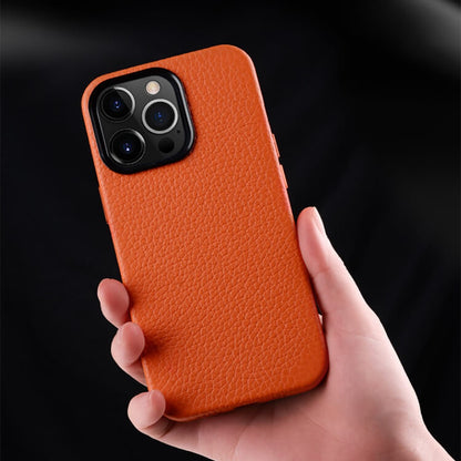 MELKCO For iPhone 15 Pro Max Case Anti-scratch Genuine Cow Leather+PC Magnetic Phone Cover