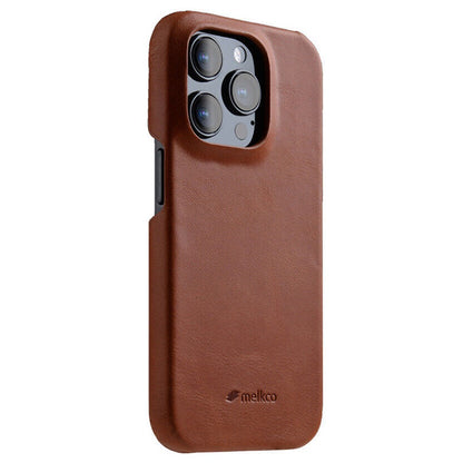 MELKCO For iPhone 15 Pro Max Case Waxy Genuine Cow Leather+PC Incomplete Phone Cover