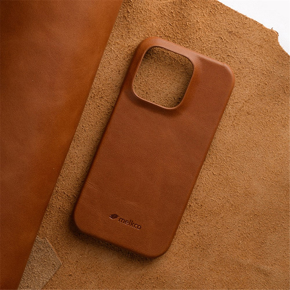 MELKCO For iPhone 15 Pro Max Case Waxy Genuine Cow Leather+PC Incomplete Phone Cover