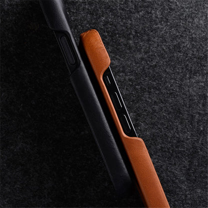 MELKCO For iPhone 15 Pro Max Case Waxy Genuine Cow Leather+PC Incomplete Phone Cover