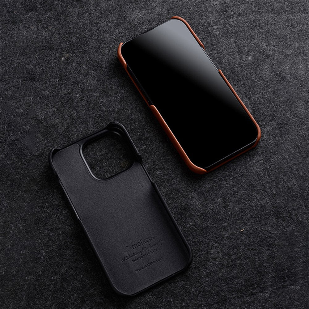 MELKCO For iPhone 15 Pro Max Case Waxy Genuine Cow Leather+PC Incomplete Phone Cover