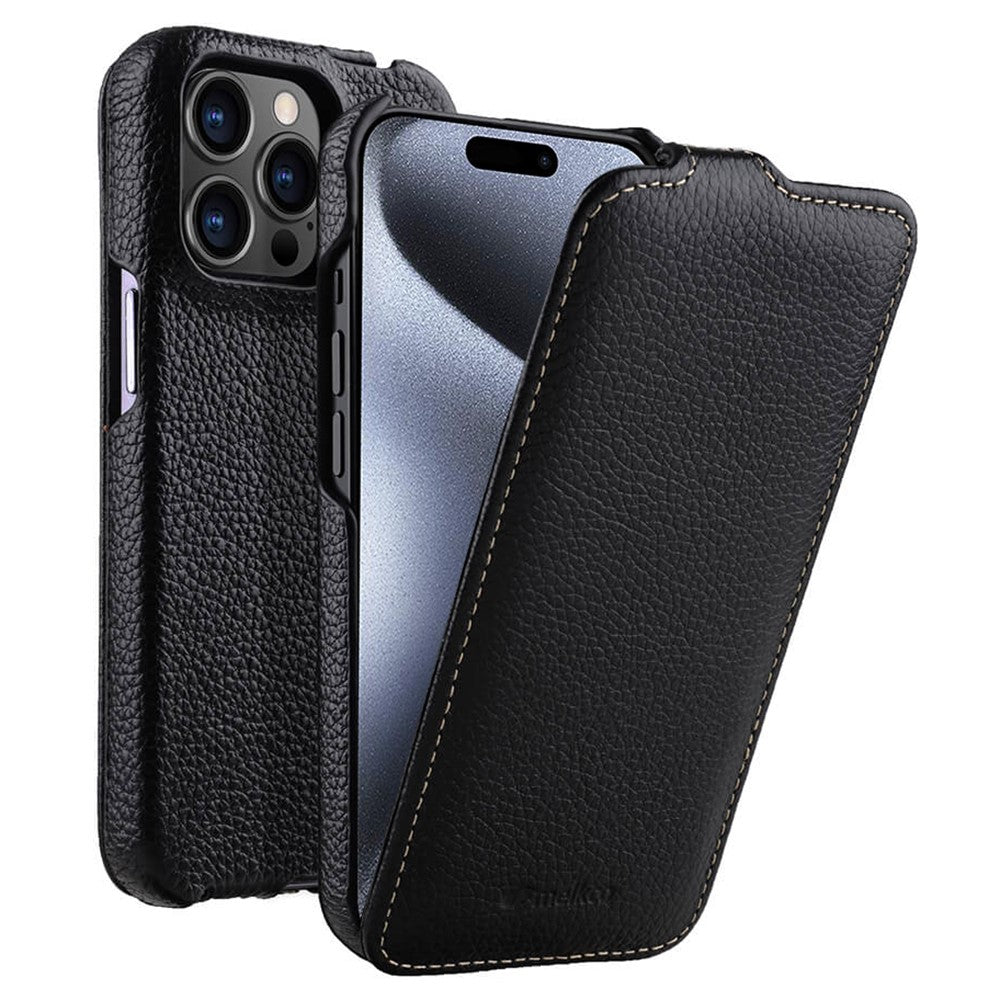 MELKCO For iPhone 15 Pro Max Case Litchi Texture Genuine Cow Leather+PC Vertical Flip Cover
