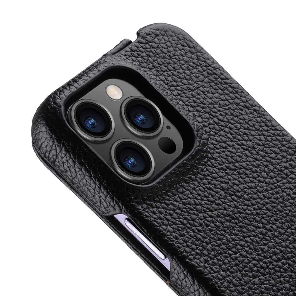 MELKCO For iPhone 15 Pro Max Case Litchi Texture Genuine Cow Leather+PC Vertical Flip Cover