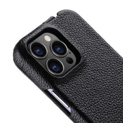 MELKCO For iPhone 15 Pro Max Case Litchi Texture Genuine Cow Leather+PC Vertical Flip Cover