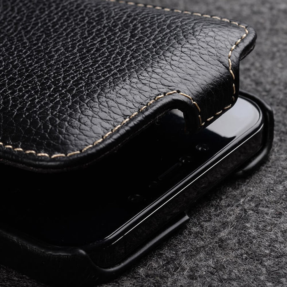 MELKCO For iPhone 15 Pro Max Case Litchi Texture Genuine Cow Leather+PC Vertical Flip Cover