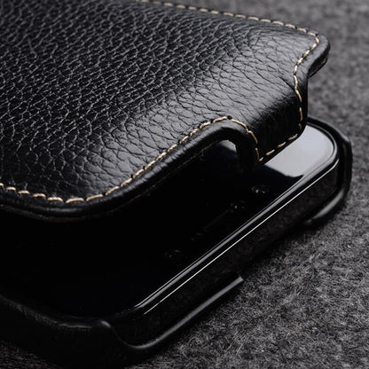 MELKCO For iPhone 15 Pro Max Case Litchi Texture Genuine Cow Leather+PC Vertical Flip Cover