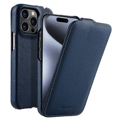 MELKCO For iPhone 15 Pro Max Case Litchi Texture Genuine Cow Leather+PC Vertical Flip Cover