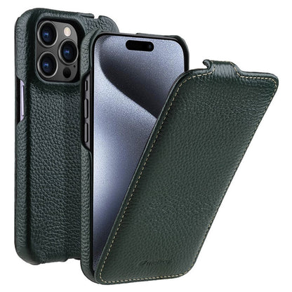 MELKCO For iPhone 15 Pro Max Case Litchi Texture Genuine Cow Leather+PC Vertical Flip Cover