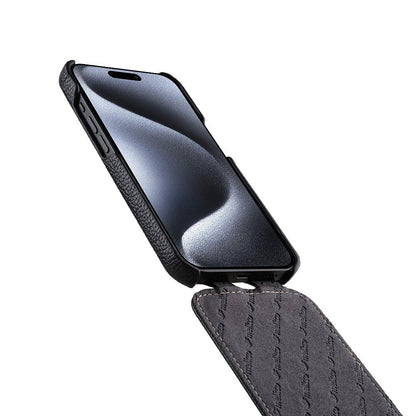 MELKCO For iPhone 15 Pro Case Litchi Texture Vertical Flip Genuine Cow Leather+PC Cover
