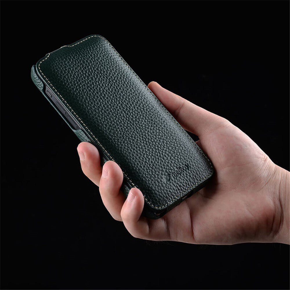 MELKCO For iPhone 15 Pro Case Litchi Texture Vertical Flip Genuine Cow Leather+PC Cover
