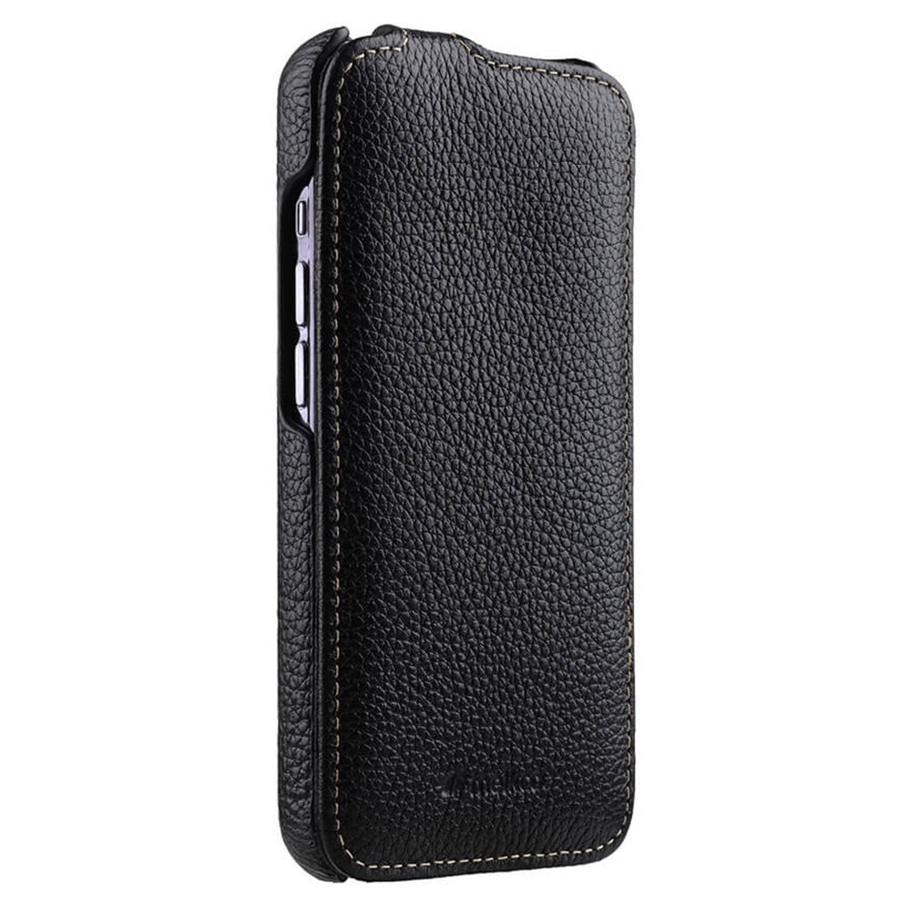 MELKCO For iPhone 15 Pro Case Litchi Texture Vertical Flip Genuine Cow Leather+PC Cover