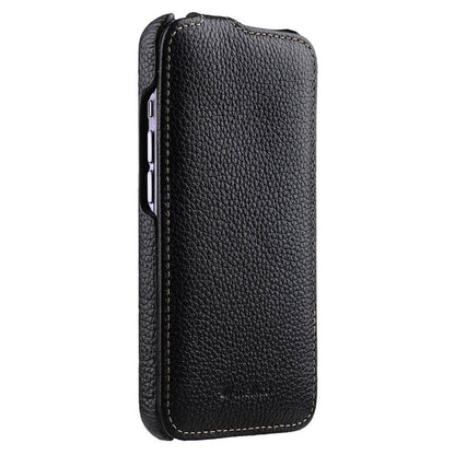 MELKCO For iPhone 15 Pro Case Litchi Texture Vertical Flip Genuine Cow Leather+PC Cover
