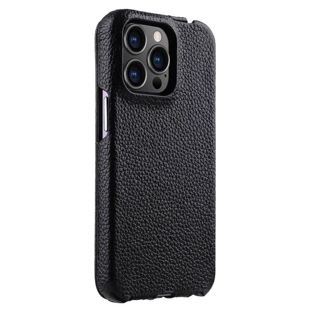 MELKCO For iPhone 15 Pro Case Litchi Texture Vertical Flip Genuine Cow Leather+PC Cover