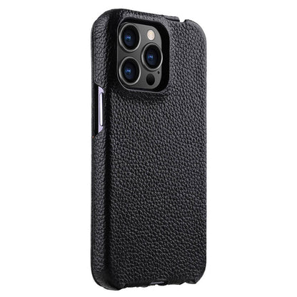 MELKCO For iPhone 15 Pro Case Litchi Texture Vertical Flip Genuine Cow Leather+PC Cover