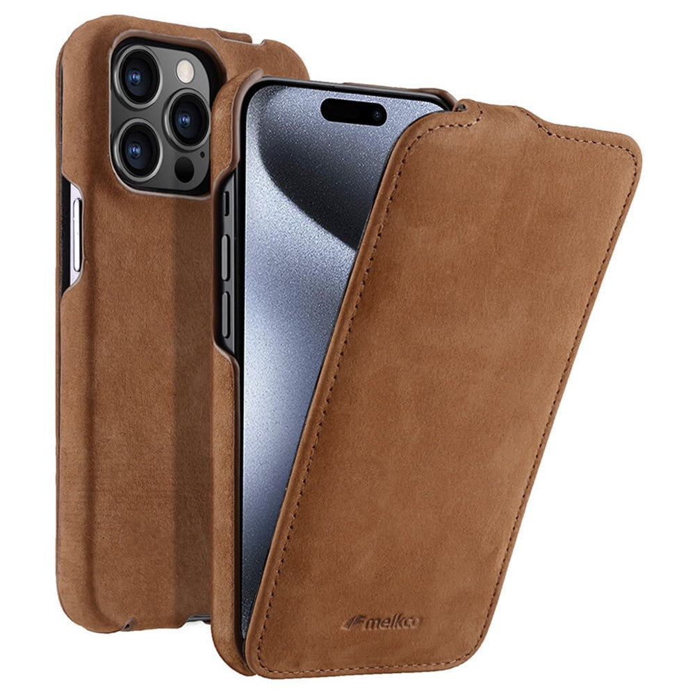 MELKCO For iPhone 15 Pro Case Litchi Texture Vertical Flip Genuine Cow Leather+PC Cover