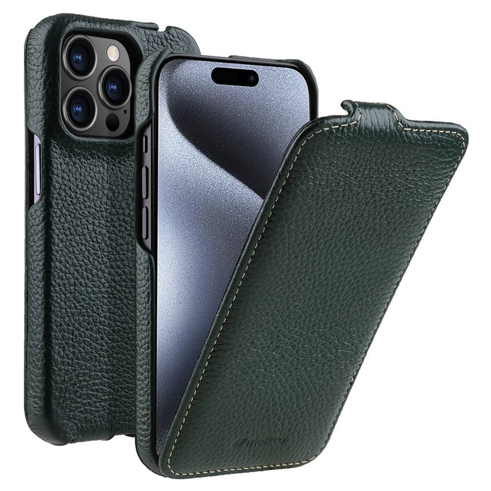 MELKCO For iPhone 15 Pro Case Litchi Texture Vertical Flip Genuine Cow Leather+PC Cover