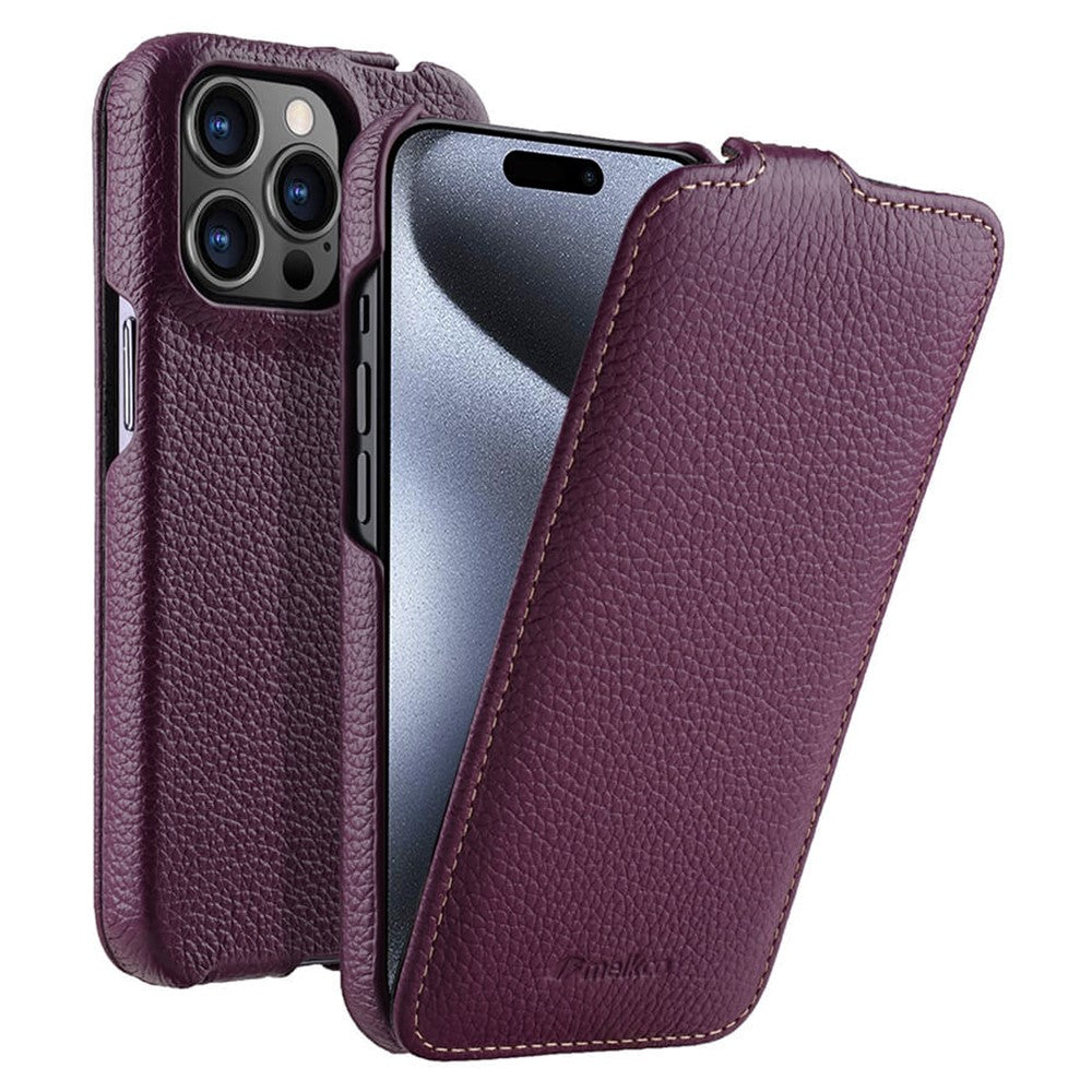 MELKCO For iPhone 15 Pro Case Litchi Texture Vertical Flip Genuine Cow Leather+PC Cover