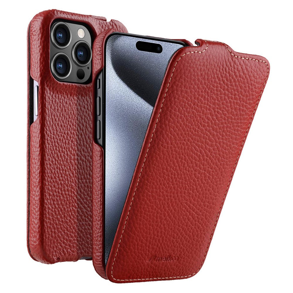 MELKCO For iPhone 15 Pro Case Litchi Texture Vertical Flip Genuine Cow Leather+PC Cover