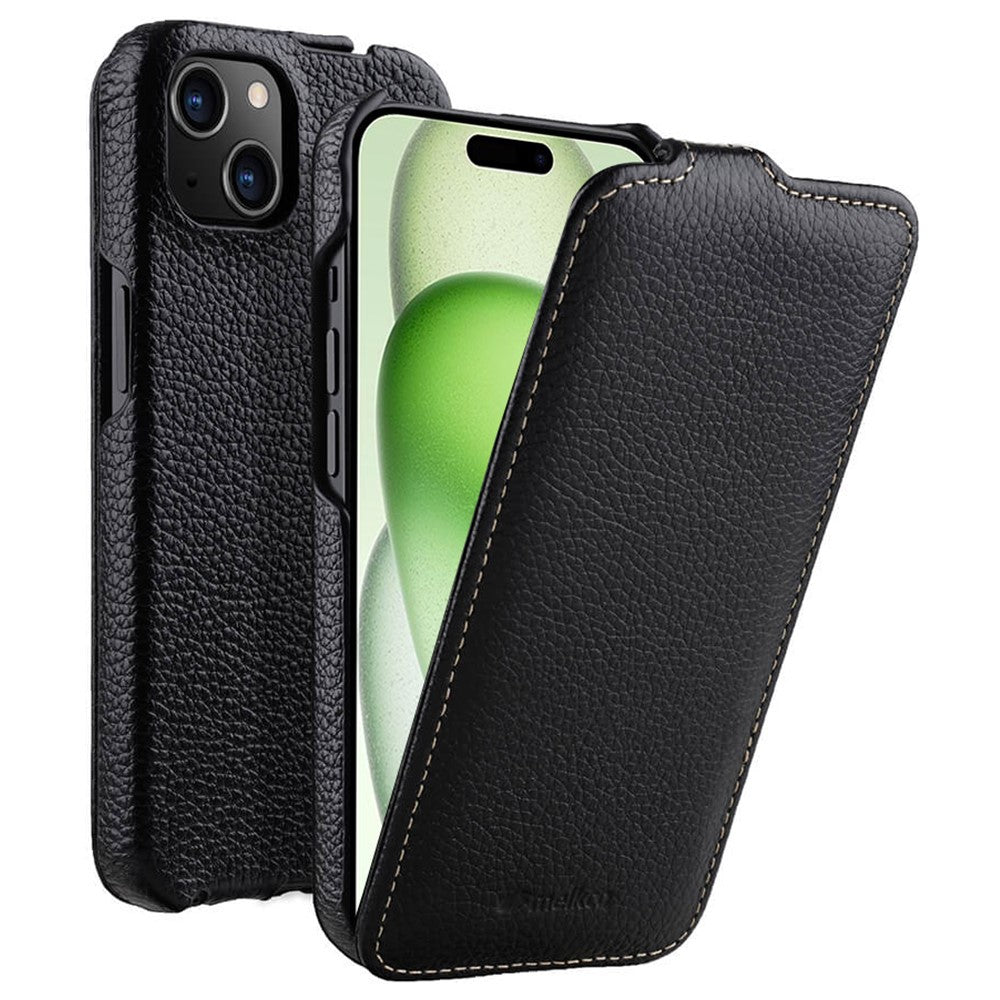 MELKCO For iPhone 15 Case Anti-drop Vertical Flip Genuine Cow Leather+PC Cover
