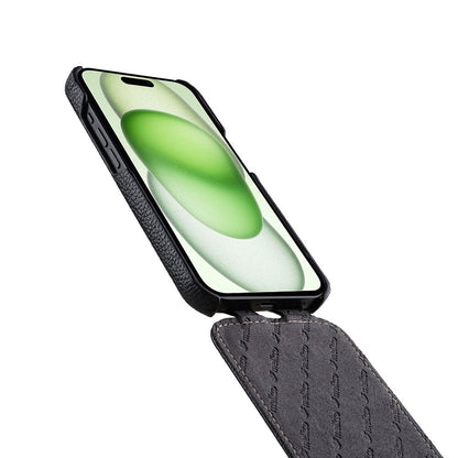 MELKCO For iPhone 15 Case Anti-drop Vertical Flip Genuine Cow Leather+PC Cover