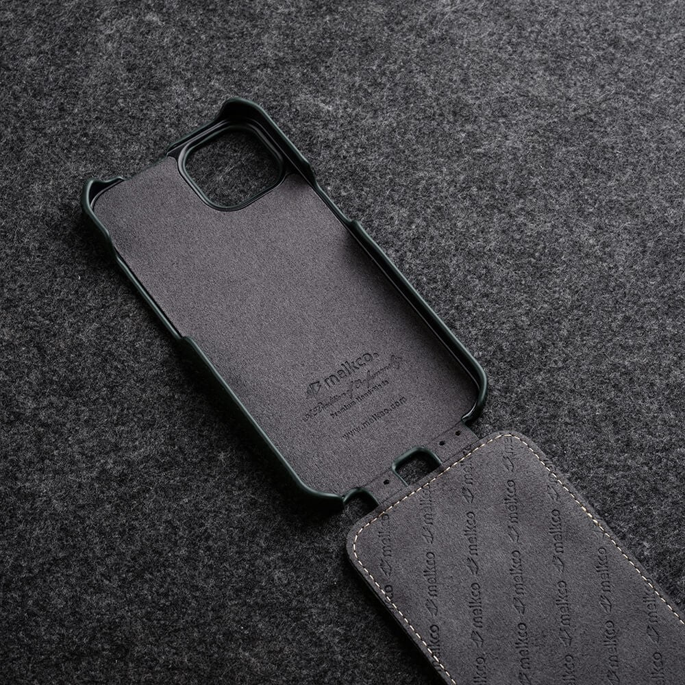 MELKCO For iPhone 15 Case Anti-drop Vertical Flip Genuine Cow Leather+PC Cover